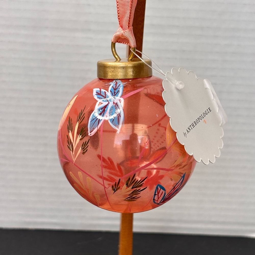 NWT ANTHROPOLOGIE Hand Painted Floral Orange Glass Christmas Holiday Ornament - Picture 4 of 10